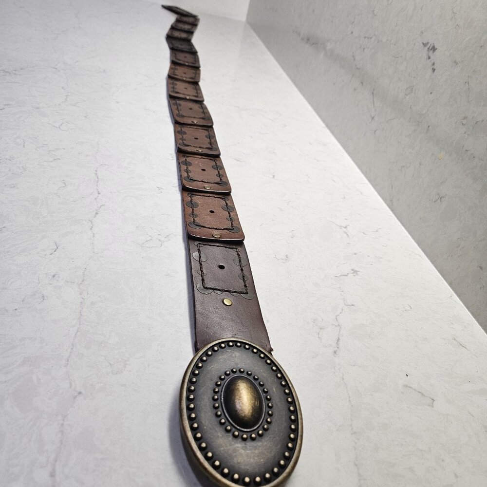 Vintage Wide Brown Boho Leather Belt w/Unique Detail and Brass Buckle - 44" long